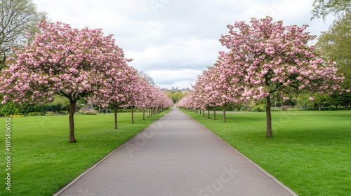 Cherry Blossom Pathway in a Serene Park Setting