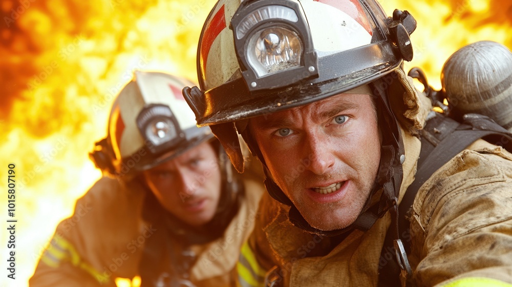 Firefighters battling intense flames in a dramatic rescue scene. Firefighters battling intense flames in a dramatic rescue scene.