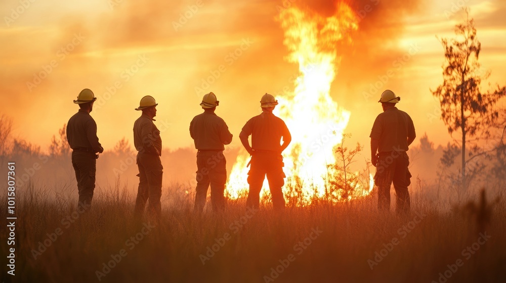 Fototapeta premium Firefighters silhouetted against a sunset, watching a controlled burn.