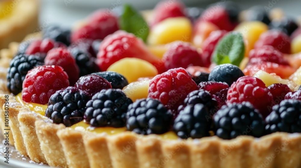 Fresh fruit tart topped with vibrant berries and yellow custard, served on a plate at an outdoor gathering during the summer Fresh fruit tart topped with vibrant berries and yellow custard, served on a plate at an outdoor gathering during the summer