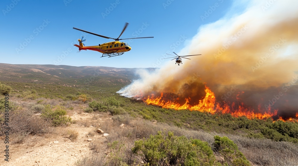 Fototapeta premium Helicopters battling a wildfire against a clear blue sky and burning landscape.