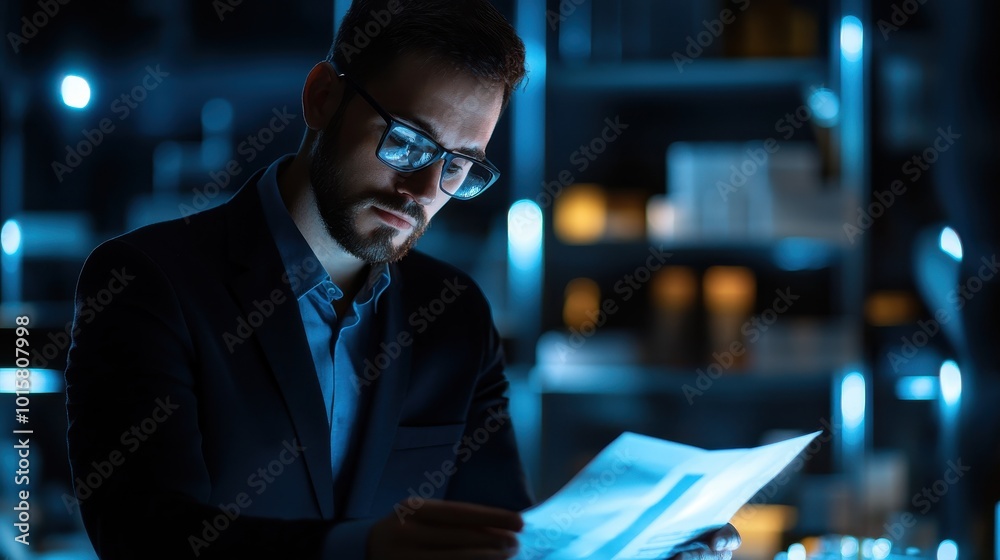 A professional reviewing documents in a dimly lit office space during evening hours, showcasing deep focus and concentration A professional reviewing documents in a dimly lit office space during evening hours, showcasing deep focus and concentration