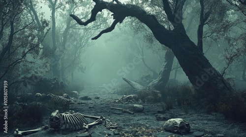 An eerie forest scene featuring skeletons on the ground, shrouded in mist, creating a haunting atmosphere of decay and mystery.