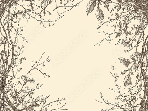 Elegant Hand Drawn Botanical Frame with Lush Foliage and Organic Textures