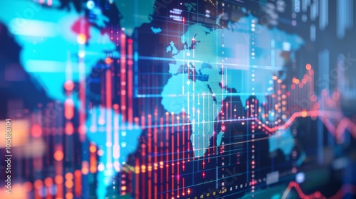 Close-up of digital world map with highlighted countries and trade routes, visualizing the impact of tariffs on global trade and rising economic tension through a graph.