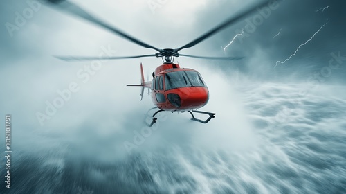 Red helicopter flying through stormy weather and turbulent clouds.