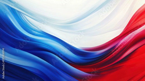 Flowing waves of red, white, and blue colors create a dynamic backdrop representing national pride and unity in a contemporary style