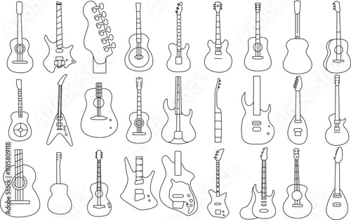 Guitar icon set for T-Shirt and logo design. Thin Line art editable stroke.