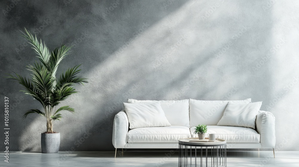 Cozy sofa with a potted plant and table in front of a grey wall, spacious area with room for text, perfect for a homely festive atmosphere Cozy sofa with a potted plant and table in front of a grey wall, spacious area with room for text, perfect for a homely festive atmosphere