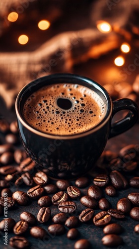 Celebrate International Coffee Day with an inviting close-up of a perfectly brewed cup of coffee surrounded by coffee beans and a warm, cozy setting