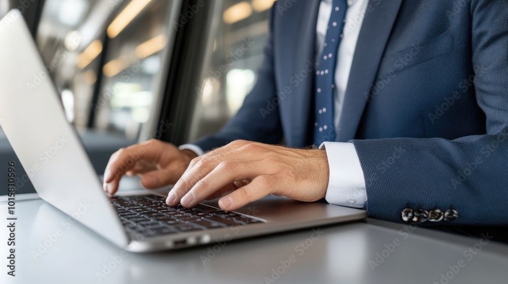 Professional Man Working on Laptop in Train Environment Professional Man Working on Laptop in Train Environment