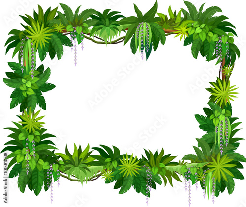 Cartoon jungle tropical liana frame, vector border with branch vines. Empty background with rainforest leaves, green tree plants foliage. Photo frame or gui game menu template with tropics nature