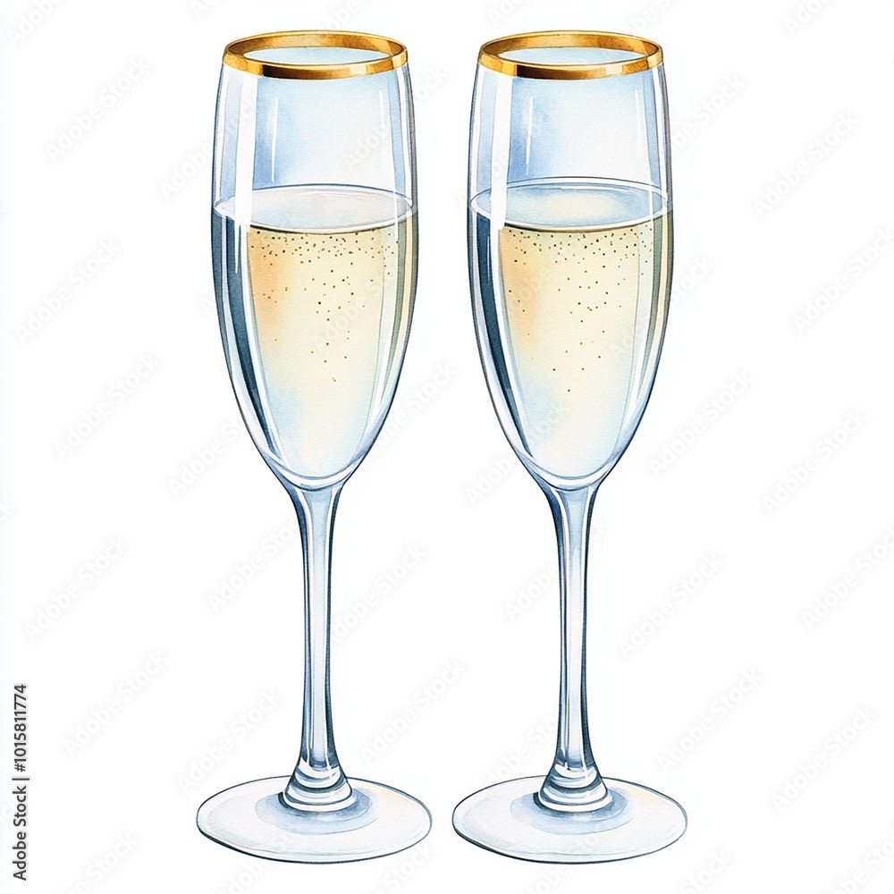 Two elegant champagne glasses with golden rims, white isolate background Watercolor illustration. Two elegant champagne glasses with golden rims, white isolate background Watercolor illustration.