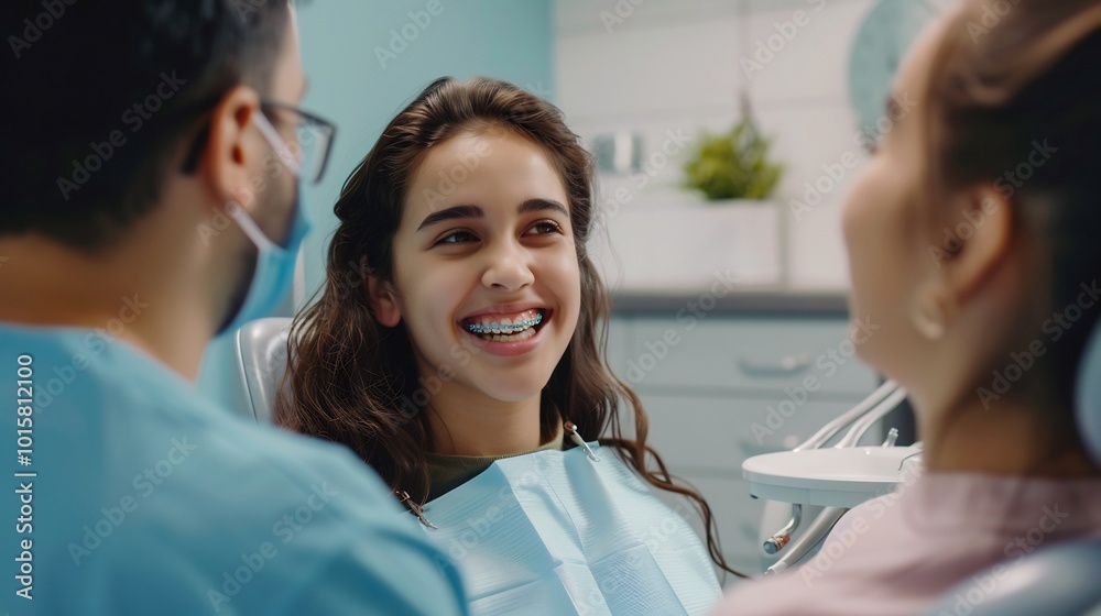 Dentist showing a patient how to properly care for their dental braces Dentist showing a patient how to properly care for their dental braces