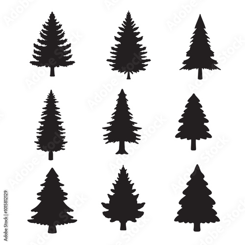 Isolated Pine on the white background. Pine silhouettes. Tree hand drawn. Vector EPS 10.