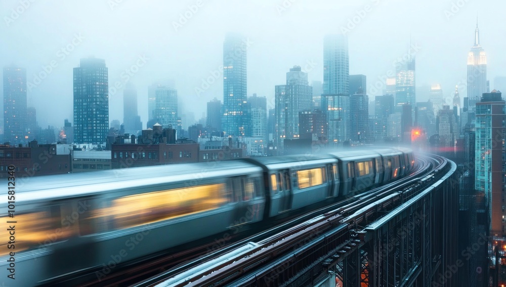 Fototapeta premium Subway Train Speeding Through Foggy City
