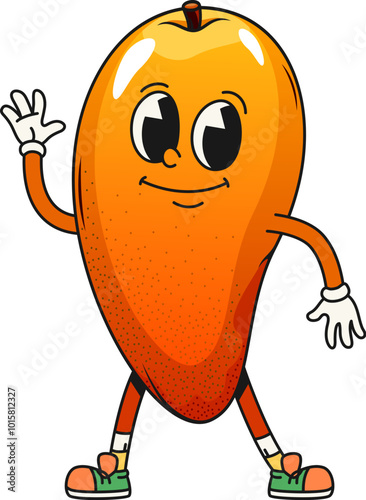 Cartoon groovy mango fruit character. Cheerful, tropical, ripe and healthy fruity personage with expressive eyes and sneakers is smiling, and waving hand, showcasing a friendly and positive vibes