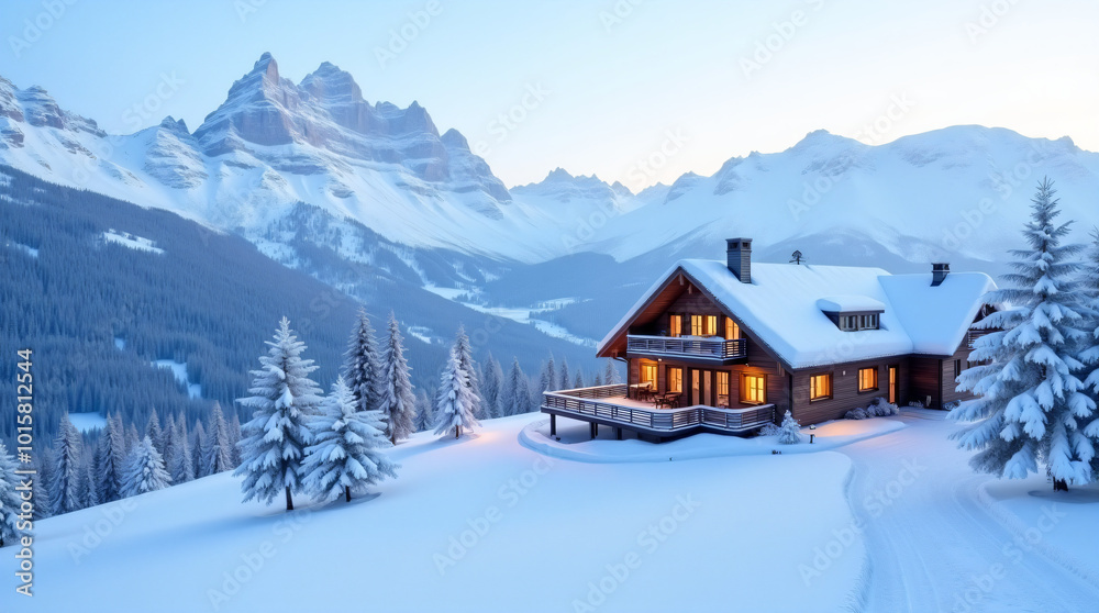 A cozy mountain house nestled among snow-covered peaks, surrounded by a picturesque winter landscape A cozy mountain house nestled among snow-covered peaks, surrounded by a picturesque winter landscape
