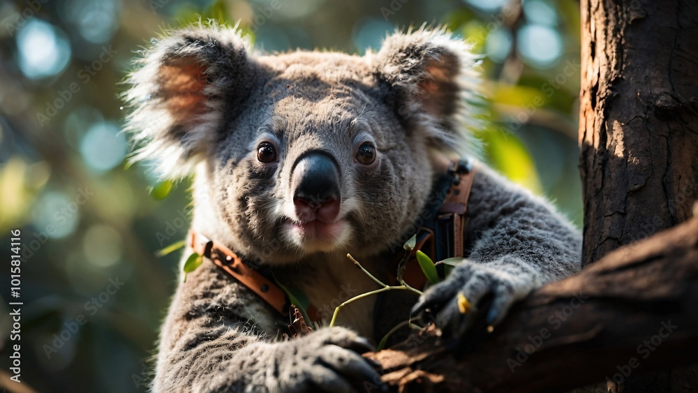 Obraz premium A curious koala perched on a tree branch, looking directly at the camera with its distinctive ears and soft fur, surrounded by the natural beauty of its environment
