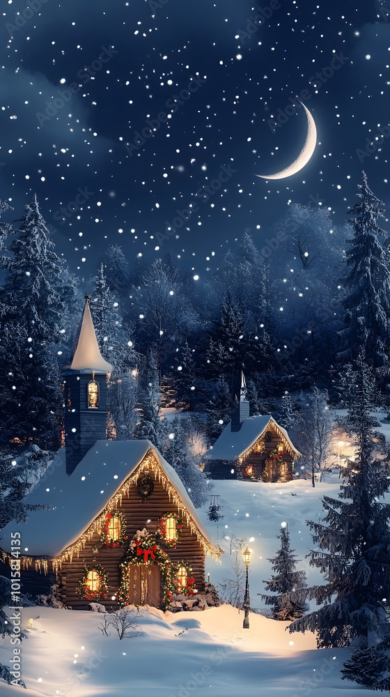 A snowy Christmas village with a church and decorated houses under a crescent moon, surrounded by snow-covered trees. Ideal for holiday cards and winter scenes. A snowy Christmas village with a church and decorated houses under a crescent moon, surrounded by snow-covered trees. Ideal for holiday cards and winter scenes.