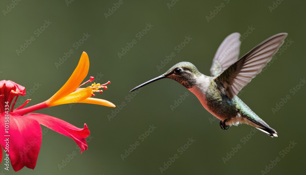 a macro image of a hummingbird hovering near a flower a macro image of a hummingbird hovering near a flower