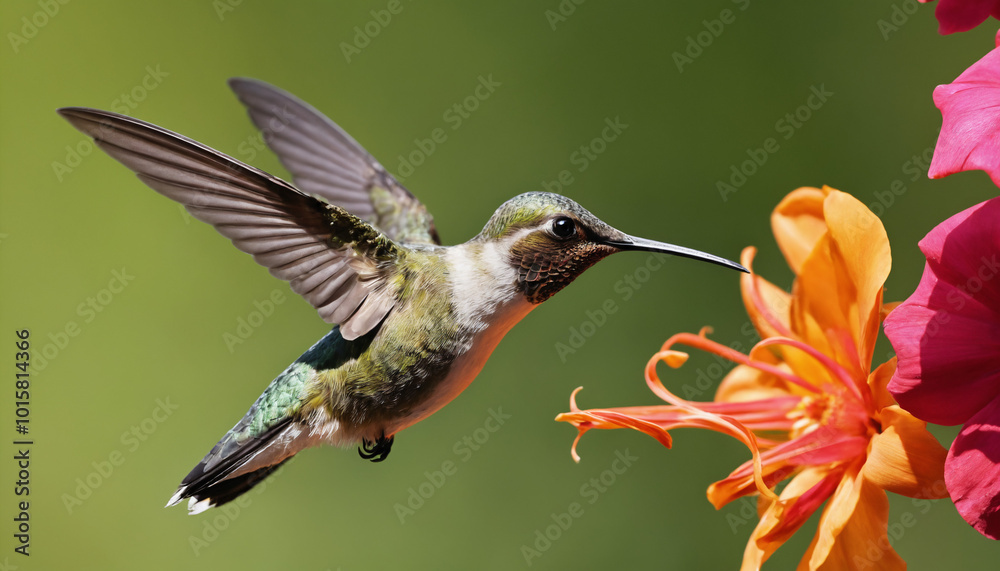 Fototapeta premium a macro image of a hummingbird hovering near a flower