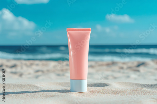 Mockup for cosmetic pink tube mockup on soft beach background