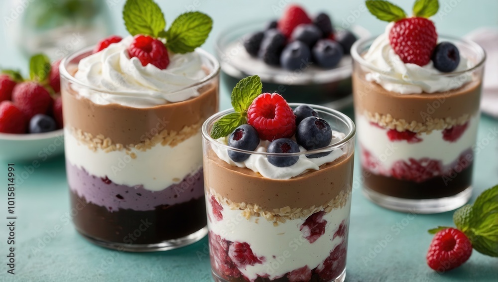 Layered Parfait Desserts with Berries and Mint in Four Glasses