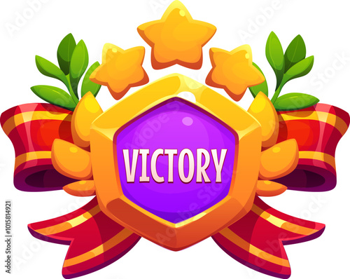 Game victory icon or award badge for bonus and level achievement asset, vector GUI element. Game level completed victory congratulations cartoon badge with golden stars, ribbons and laurel wreath