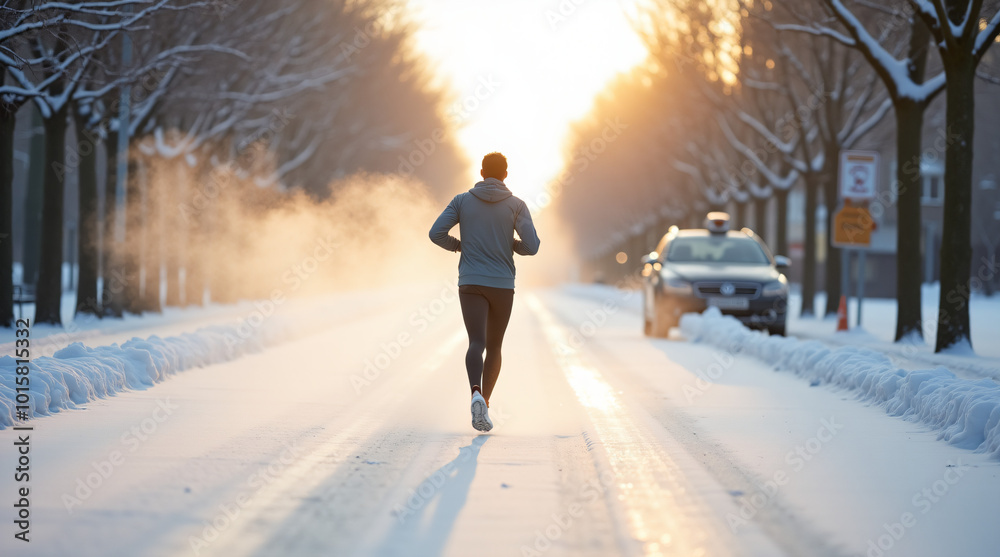 A morning jogger running through a snow-covered street A morning jogger running through a snow-covered street