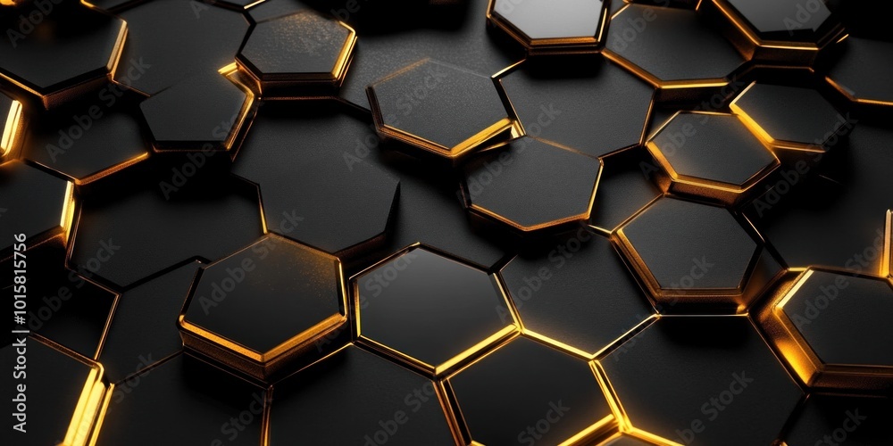Black Hexagonal Shapes with Gold Accents in 3D Render Black Hexagonal Shapes with Gold Accents in 3D Render