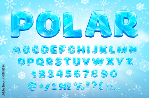 Cartoon blue crystal typeface or ice font with frozen winter type in frost, vector English alphabet. Polar ice font with crystal ice letters of frozen snow with snowflakes for kids cartoon ABC type