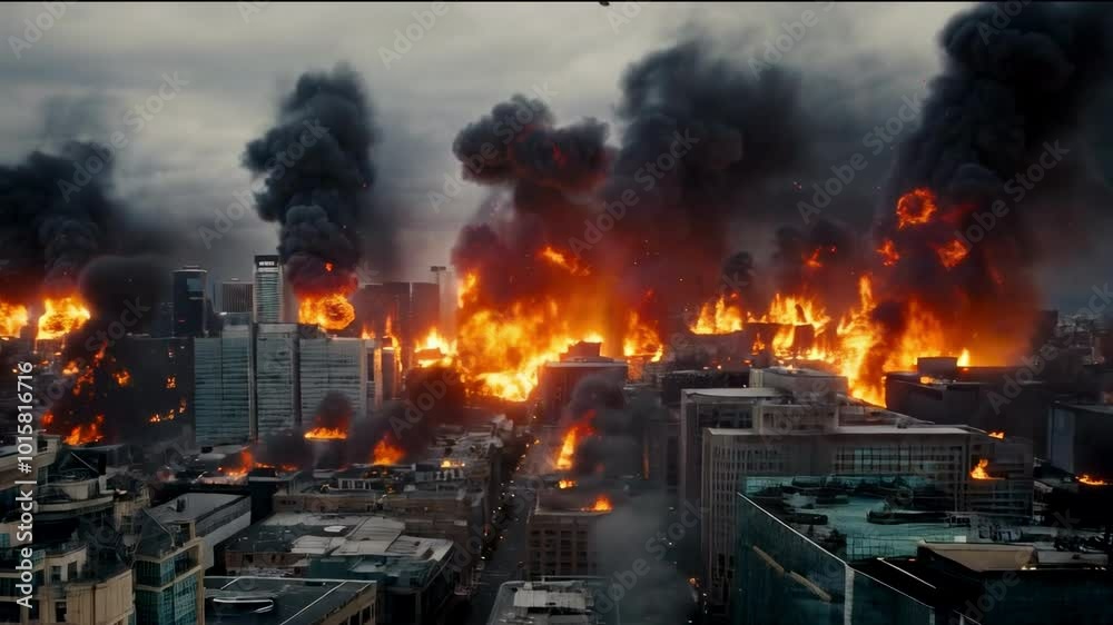 A city is on fire with smoke billowing into the sky A city is on fire with smoke billowing into the sky