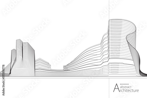 3D illustration, abstract modern urban landscape line drawing, imaginative architecture building construction perspective design.