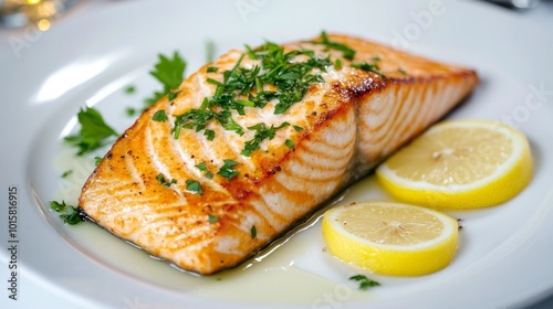 A perfectly grilled salmon fillet garnished with fresh herbs and served with lemon slices on a white plate