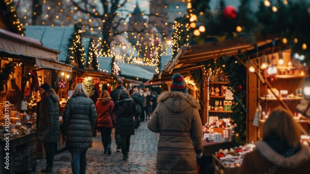 A bustling holiday market filled with people shopping for gifts, with stalls adorned in twinkling lights and festive decorations A bustling holiday market filled with people shopping for gifts, with stalls adorned in twinkling lights and festive decorations