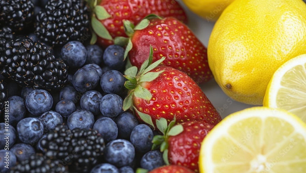 Close Up of Fresh Berries, Strawberries and Lemons Close Up of Fresh Berries, Strawberries and Lemons