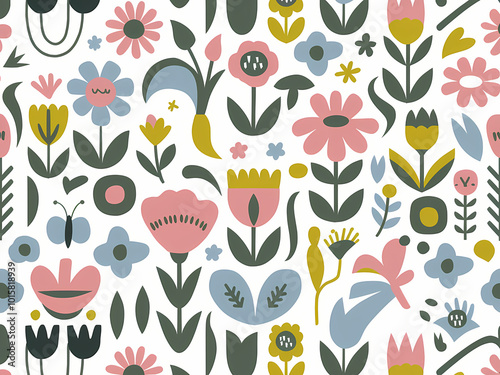 floral pattern, cute and simple cartoon illustration of a ditsy floral pattern in soft and muted pastel shades.