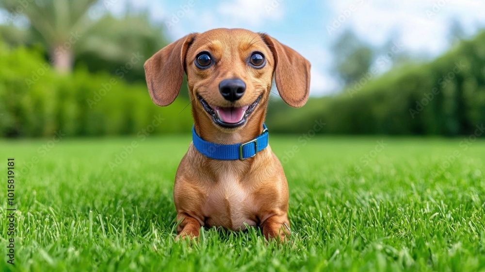 A photostock images of a small dachshund sitting on a grassy path in the park, with a bright and joyful expression. High Quality Dog Image A photostock images of a small dachshund sitting on a grassy path in the park, with a bright and joyful expression. High Quality Dog Image