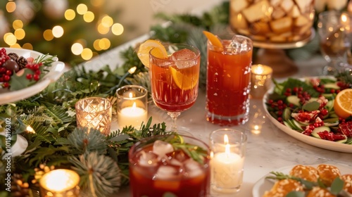 A close-up of a holiday party table set with appetizers, cocktails, and festive decorations, including candles and seasonal greenery