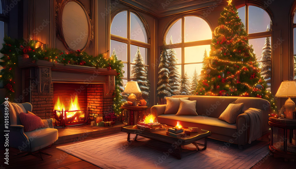 Cozy living room decorated for Christmas with a lit fireplace, a Christmas tree adorned with ornaments, candles, and festive decor Cozy living room decorated for Christmas with a lit fireplace, a Christmas tree adorned with ornaments, candles, and festive decor