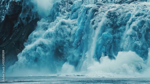 A view of a melting glacier erupting with fast-flowing water. photo