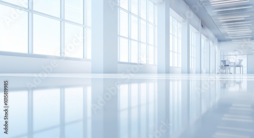 Blurred background of a modern office interior with glass windows and a polished concrete floor