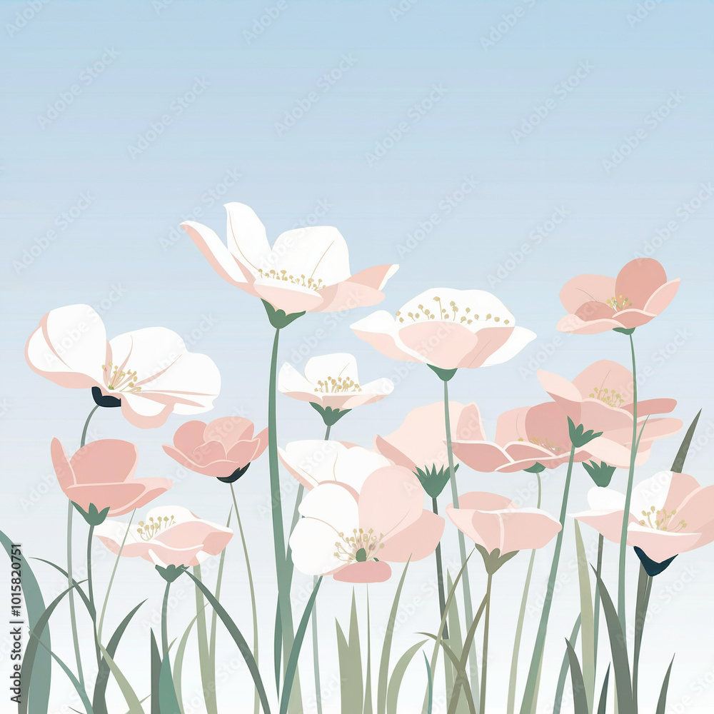 Field of white flowers with a blue sky in the background Field of white flowers with a blue sky in the background