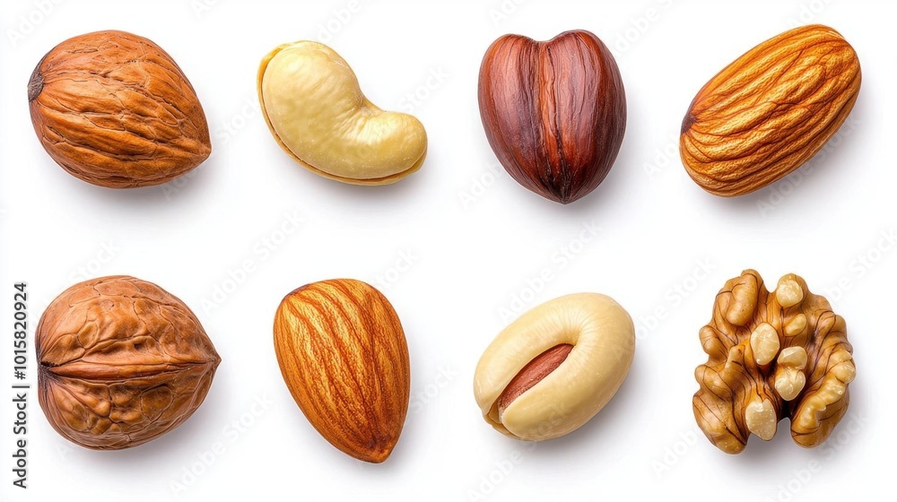 A photostock images of a collection of assorted nuts including walnuts, almonds, and hazelnuts on a clean white background High Quality A photostock images of a collection of assorted nuts including walnuts, almonds, and hazelnuts on a clean white background High Quality