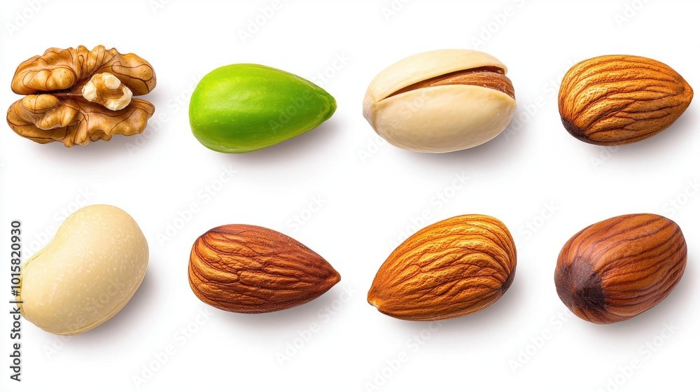 A photostock images of a collection of assorted nuts including walnuts, almonds, and hazelnuts on a clean white background High Quality A photostock images of a collection of assorted nuts including walnuts, almonds, and hazelnuts on a clean white background High Quality