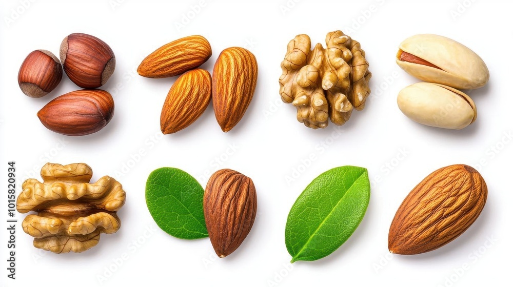 A photostock images of a collection of assorted nuts including walnuts, almonds, and hazelnuts on a clean white background High Quality A photostock images of a collection of assorted nuts including walnuts, almonds, and hazelnuts on a clean white background High Quality