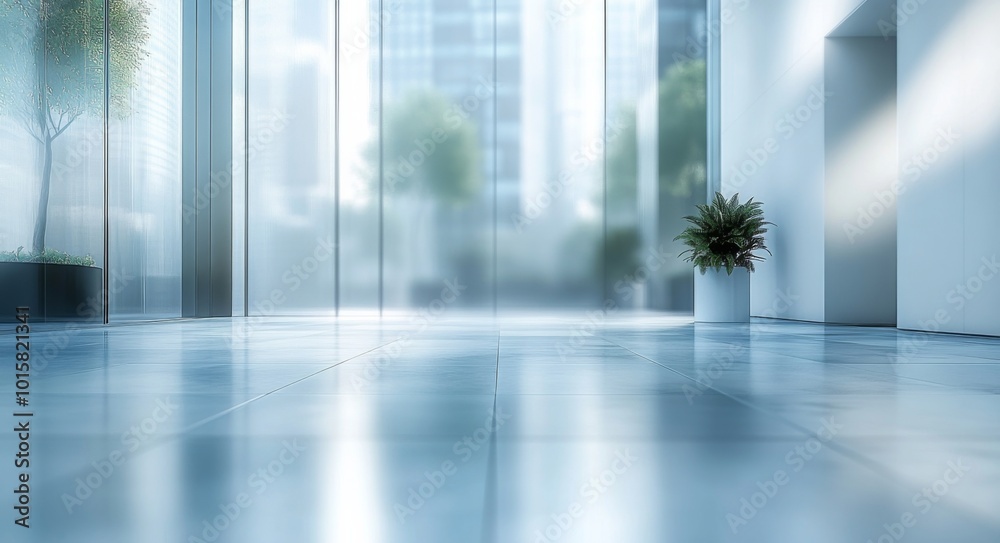 Blurred background of a modern office interior with glass windows and floor, blurred focus on the hallway, white walls