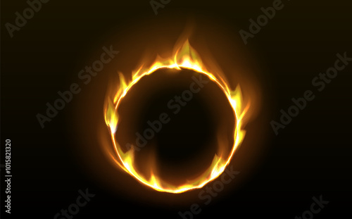 Fire ring with glowing tongues of flame on black background. Realistic 3d vector illustration of round burnt frame with light and sparks effect. Magic bright yellow hot fiery border with blaze.