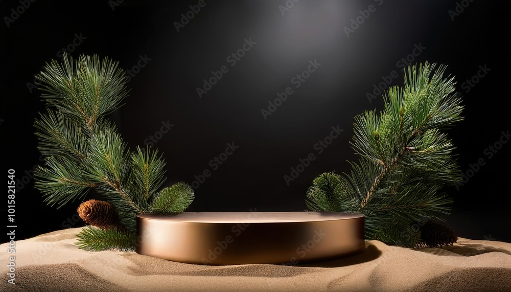 Minimalist backdrop with sand beach podium against dark charcoal background adorned with greenery. Minimalist backdrop with sand beach podium against dark charcoal background adorned with greenery.